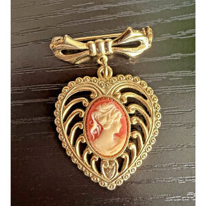 Vintage Cameo Heart Brooch Dangle Bow Gold Tone Red Portrait Pendant